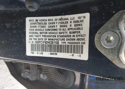 2017 Honda Civic Touring from USA, damaged, VIN 19XFC1F92HE201155